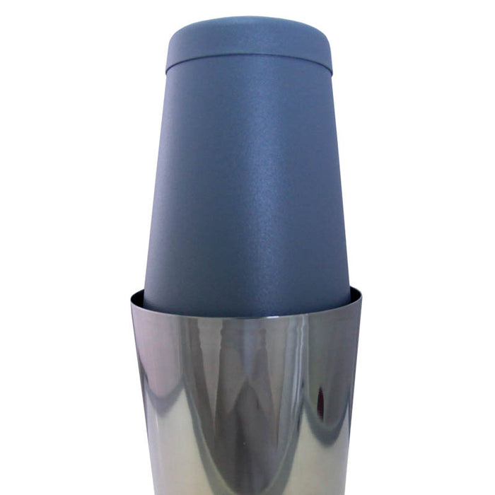 18 ounce cocktail shaker tin capping a 28 ounce cocktail shaker